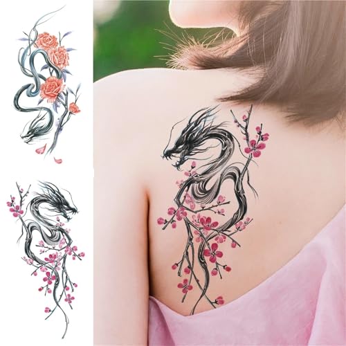 2 stücke Wasserdicht Temporäre Tattoo Aufkleber Pflaumenblüte Drachenblume Arm Zurück Oberschenkel Gefälschte Tatto Flash Tatoo Tato für Mädchen Frauen Männer(B) von Generisch
