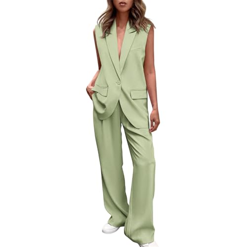 2-teiliges Blazer-Set für Damen, Sommer, ärmellos, Weste und Hose mit geradem Bein, V-Ausschnitt, zweiteiliger Business-Casual-Anzug, Mode, Mint Green1, 46 von Generisch