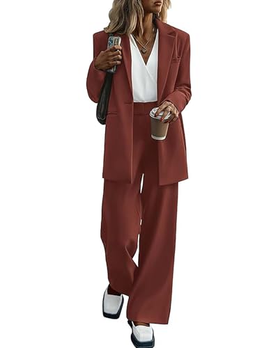 2-teiliges Outfit für Damen, eleganter Blazer, lässig, locker, langer Blazer, Jacken und elegante Hosenanzüge mit weitem Bein und Taschen, braun, M von Generisch