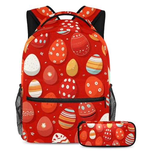 2-teiliges Schulranzen-Set mit großem Fassungsvermögen, Rucksack mit Federmäppchen, langlebig und bequem für Jungen, Mädchen, Teenager, Ostereier, Rot, mehrfarbig, B：29.4x20x40cm P：19x7.5x3.8cm, von Generisch