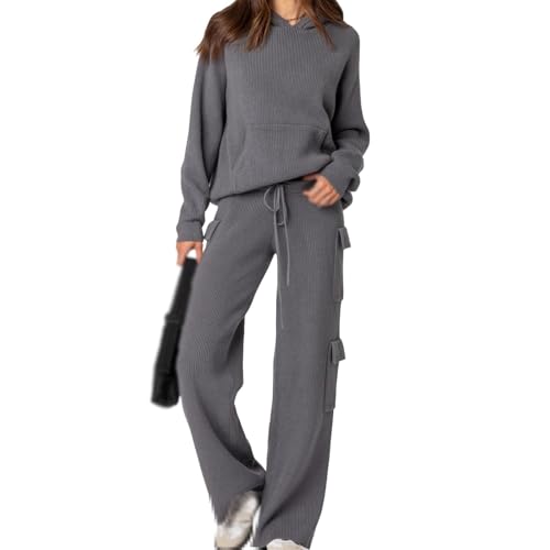 2-teiliges Strickpullover-Set für Damen, Lounge-Kapuzenpullover und Cargohose, Strick-Lounge-Set, zweiteilige Outfits für Damen, grau, XL von Generisch