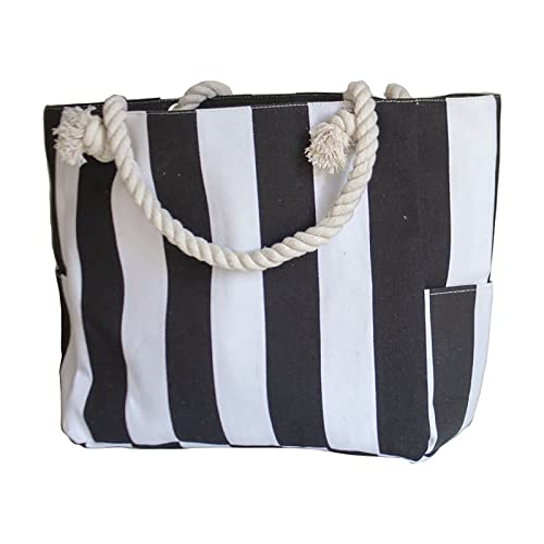 2023 Gestreifte Canvas-Strand-Reise-Handtasche, Bademode, Aufbewahrungstasche, Markt-Tragetasche, Schwarz , Einheitsgröße von Generisch