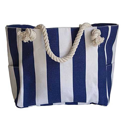 2023 Gestreifte Canvas-Strand-Reise-Handtasche, Bademode, Aufbewahrungstasche, Markt-Tragetasche, blau, Einheitsgröße von Generisch