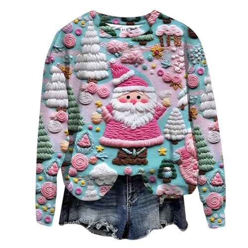 2023 Weihnachten Pullover Damen Große Größen Langarm Christmas Der Weihnachtsmann Druck Herbst Winter Sweatshirt Teenager Mädchen 3D Print Freizeit Hoody Women's Shirts Chic für Holiday von Generisch