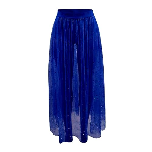 2024 – Damen 2-in-1 Sheer Mesh Hohe Taille Galaxy Print A-Linie Maxirock Hohe Taille Langer Rock, blau, 48 von Generisch