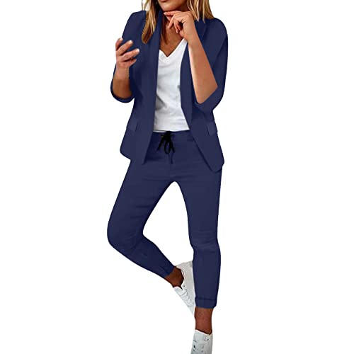 2024 Damen Büro Hosenanzug Hosenanzug Hose 2-teilig Anzug Einfarbig Zweiteiler Slim Fit Sportlich Hosenanzug Kleid Frauen mit Gummizug, navy, 48 von Generisch