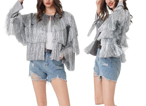 2024 Damen Pailletten Jacke mit Quaste Fransen Glitzer Langarm Jacke Disco Thema Lametta Jacke Show Party Clubwear, silber, XL von Generisch