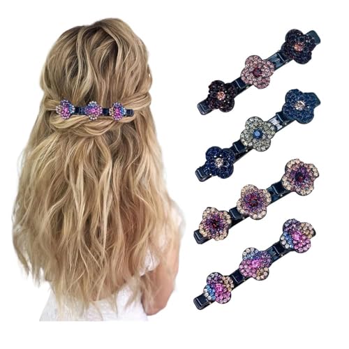 Pack of 4 Sparkling Crystal Stone Braided Hair Clips,Doppelschicht Haarspange, Haarspangen für Frauen Mit Funkelnden Kristallsteinen,Geflochtene Haarspangen,Haarspangen Damen(Vierblättriges Kleeblatt) von Generisch