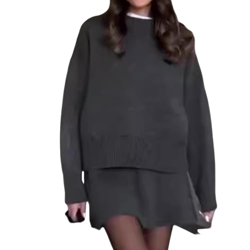 2024 Herbst-Strickkleid-Set, einfarbig, lässiger College-Stil, 2-teiliges Pullover-Set, langärmeliges Oberteil, Minirock, dunkelgrau, S von Generisch