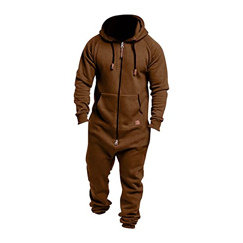 2024 – Herren-Jumpsuit, einfarbig, für Herbst und Winter, lässiger Hoodie-Druck, Reißverschluss, lange Hose, Jumpsuits für Herren, coffee, L von Generisch