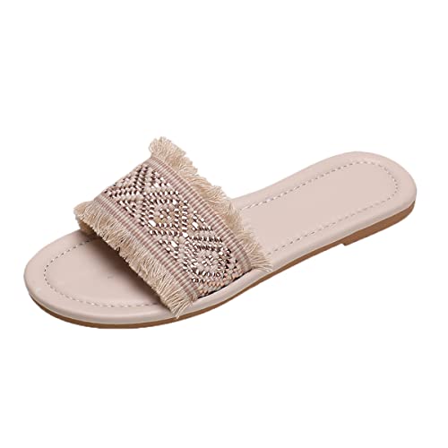 2024 Mode Damen Sommer Hausschuhe Schuhe Neue Slip Flache Atmungsaktive Hausschuhe Schuhe Sandalen Weiche Plüsch Hausschuhe für Frauen, beige, 40 EU von Generisch