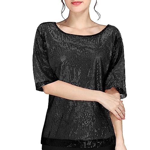 2024 Neu - Bluse Mode Casual Pailletten Party Top Tops Frauen Shirt Crop Coctail Damen Bluse Bulk Damen, Schwarz , 50 von Generisch