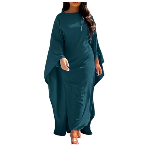 2024 Satin-Partykleid, Abaya, muslimische Frauen, elegant, einfarbig, Rundhalsausschnitt, Fledermausärmel, lockeres Maxikleid, Damen-Kleidung für Damen, langärmeliges Kleid, grün, XXL von Generisch