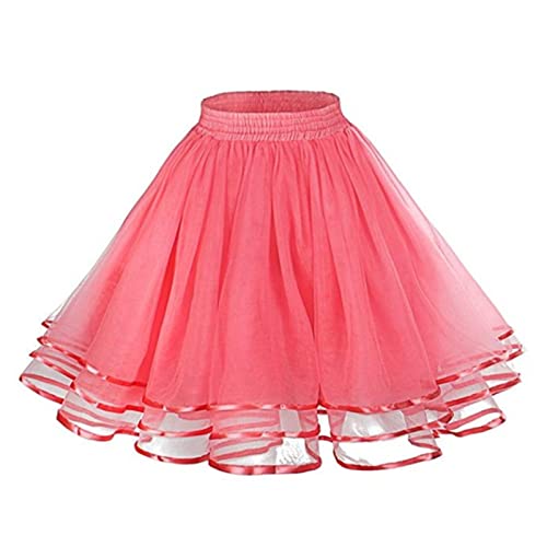 2024 Tüllrock Damen Tütü Petticoat Unterrock Minirock Tanzkleid für Karneval Kostüm Rockabily Klied Carnival Cosplay (Watermelon Red-2, One Size) von Generisch