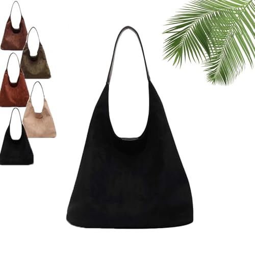 2024 Wildleder Taschen für Frauen, Wildleder Hobo Taschen, braune Leder Geldbörse Wildleder Hobo Umhängetasche, große Retro Wildleder Umhängetasche Reise Einkaufstasche (Schwarz) von Generisch