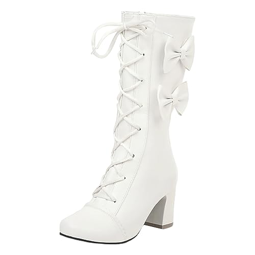 2025 2023 Herbst und Winter, koreanische Damenstiefel, mit Schleife, klobiger Absatz, hohe Absätze, wadenhoch, Studentenstiefel, glitzernder Cowboy, für Damen, weiß, 40 EU 2025 2023 Herbst und Winter, koreanische Damenstiefel, mit Schleife, klobiger Absatz, hohe Absätze, wadenhoch, Studentenstiefel, glitzernder Cowboy, für Damen, weiß, 40 EU von Generisch