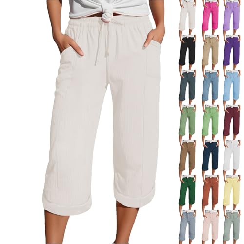 2025 Angebote, Musselin Hose, Musselin Hose 3/4 Leinenhose Sommer Kurze Hosen Sommerhose Leicht Caprihose Culotte Dreiviertel Strandhose von Generisch