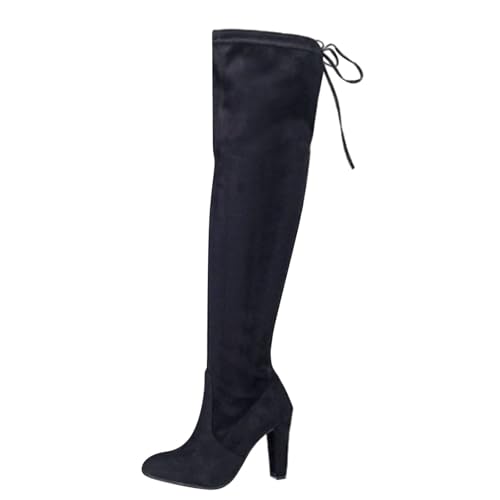 2025 Außenhandel, Übergröße, lange Stiefel für Damen, hochhackig, spitz, über dem Knie, Stiefel, hinten zum Schnüren, kniehohe Schuhe, Mädchen, Schwarz , 37.5 EU von Generisch