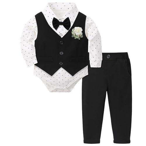 2025 Baby Jungen Kleidung Anzüge Infant Gentleman Outfits Formelle Kleidung Hemd + Weste + Hose Baby Sets Schwarzes T Shirt (Black 6-12 Months) von Generisch