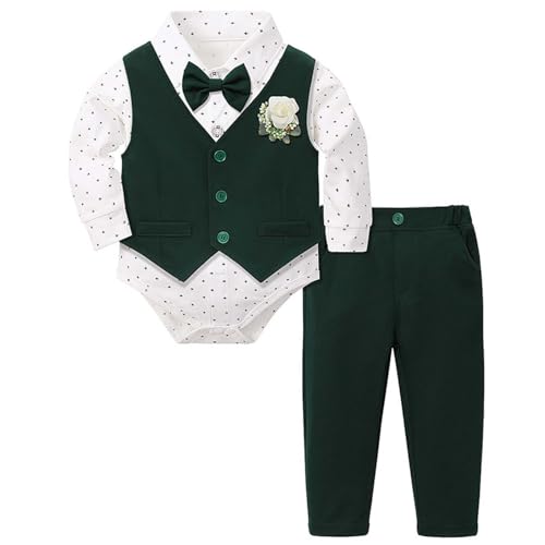 2025 Baby Jungen Kleidung Anzüge Infant Gentleman Outfits Formelle Kleidung Hemd + Weste + Hose Baby Sets Schwarzes T Shirt (Green 12-18 Months) von Generisch