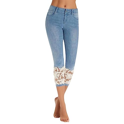 2025 Beschnittene Hosen Summer Casual Jeans Frauen Denim Spitze beschnittene elastische Hosen Jeanshosen Für Damen 46 (Blue, XXL) von Generisch