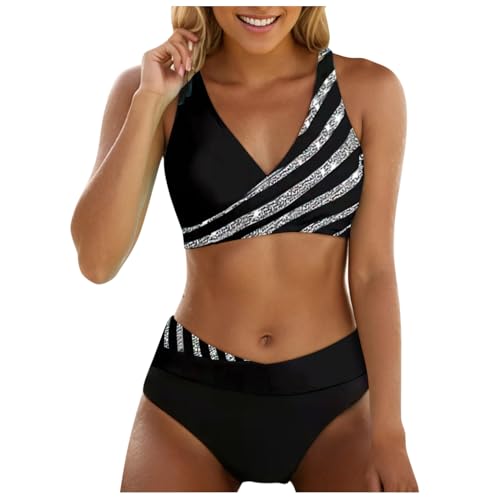 2025 Bikini Damen Set Glitzer Strass Badebekleidung Große Größe V Ausschnitt Bikini Bademode Bauchkontrolle High Waist Bikini Sets Swimsuit Push Up Strandbikini Zweiteiliger Badeanzug von Generisch