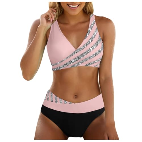 2025 Bikini Damen Set Glitzer Strass Badebekleidung Große Größe V Ausschnitt Bikini Bademode Bauchkontrolle High Waist Bikini Sets Swimsuit Push Up Strandbikini Zweiteiliger Badeanzug von Generisch