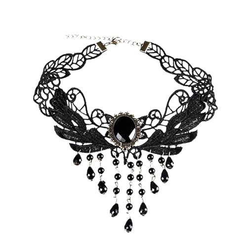 2025 Breites Halsstück Schwarze Spitze Choker Halskette Stufen Fransen Schicht Kristall Anhänger Schmuck Glamrock-Chica-Cosplay-Kostüm (Black, One Size) von Generisch