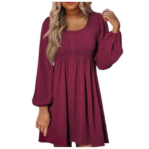 2025 Damen 2024 Freizeitkleid, gesmokt, Rundhalsausschnitt, Knopfleiste, Lange Ärmel, Empire-Taille, A-Linie, Minikleid Mittelalter Kostüm Damen Kleid (XXL) von Generisch