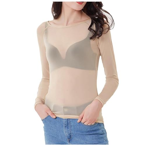 2025 - Damen Durchsichtige Langarm Nahtlose Arm Top Mesh Shirt Bluse Umstandsmode Bluse (Beige, L) von Generisch