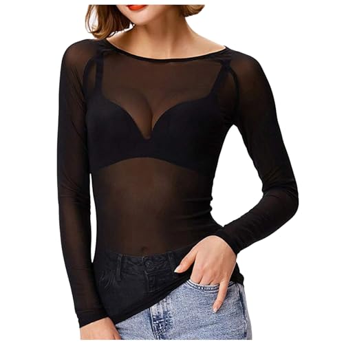 2025 - Damen Durchsichtige Langarm Nahtlose Arm Top Mesh Shirt Bluse Umstandsmode Bluse (Black, XXL) von Generisch