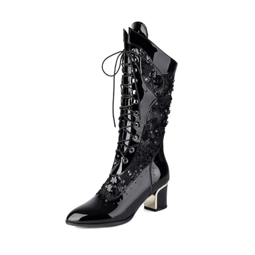 2025 Damen Mittellange Stiefel für Frühling und Sommer 2025 Neue Pailletten Coole Stiefel Damen Europäischer und Amerika Stil Große Größe Dicker Absatz Spitz Hohl Atmungsaktiv Mesh Western Wedge von Generisch