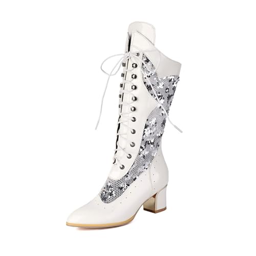 2025 Damen Mittellange Stiefel für Frühling und Sommer 2025 Neue Pailletten Coole Stiefel Damen Europäischer und Amerika Stil Große Größe Dicker Absatz Spitz Hohl Atmungsaktiv Mesh Western Wedge, weiß von Generisch