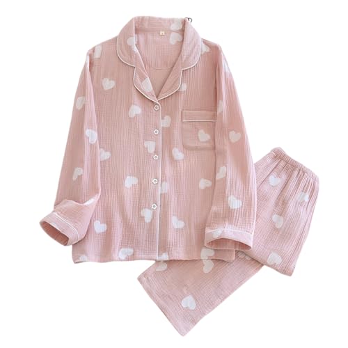 2025 Damen-Pyjama-Set, Baumwolle, Krepp, dünn, Doppel-Gaze, Revers, weiche Heimkleidung, Große Liebe auf violettem Hintergrund, XL von Generisch