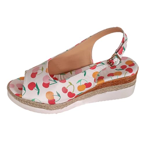 2025 Damen-Sandalen, Sommer-Kirsch-Druck, weiches Leder, Schnalle, abgeschrägter Absatz, dicker Boden, große Größe, Fischmaul, Kork-Sandalen, Keilsandalen, Damen-Slipper, gelb, 36.5 EU von Generisch