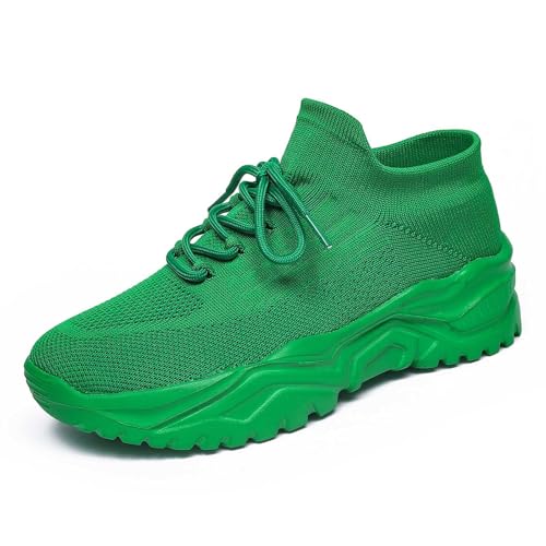 2025 Damen-Sneaker, einfarbig, modisch, Vierjahreszeiten, Schnürschuhe, einfarbig, fliegende gewebte Laufschuhe, Sportbekleidung, grün, 3 UK XX-Narrow von Generisch