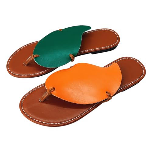 2025 Damen-Sommer-Sandalen, farbblockierend, Blätter, weiches Leder, Clip-Toe, flache Unterseite, Strandbekleidung, große Größe, Hausschuhe, bequeme Sommersandalen für Damen, Orange, 37EU von Generisch