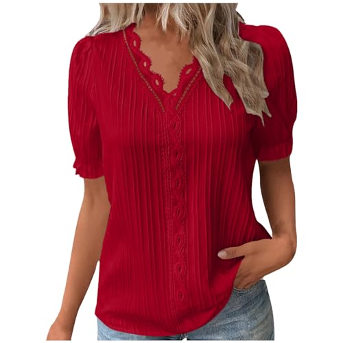 2025 - Damen Sommer Spitze V-Ausschnitt Einfarbig Spitze Elegantes Hemd Mode Einfarbig Elegante Bluse Kurzarm Bequemes Weiches T-Shirt Mit Spitze Damen (Red, M) von Generisch