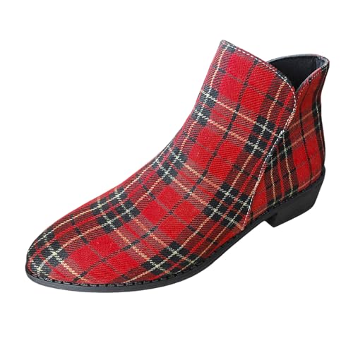2025 Damen-Stiefel, modisch, weihnachtlich, kariert, spitz, seitlicher Reißverschluss, dicker Absatz, kurze Stiefel, rot, 37.5 EU von Generisch
