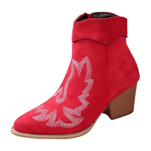 2025 Damen-Stiefel mit mittlerer Wade, Retro, klobiger Absatz, Stiefeletten mit Reißverschluss, lässig, modisch, Schuhe für Winter, bequem Schuhe Damen Sandalen Keilabsatz (Red, 43) von Generisch