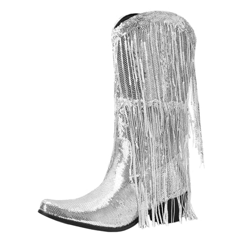 2025 Damen-Stiefel mit mittlerer Wade, modisches Muster, Pailletten-Dekoration, Quastenstiefel, Spitze, Dicke Absätze, Slip-On-Schuhe Damen Neon Schuhe (Silver, 37) von Generisch