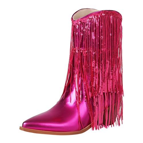2025 Damen-Stiefeletten, modisches Muster, Quasten-Dekoration, spitzer, dicker Absatz, Retro, bequeme Schuhe, Herbst und Winter, Slip-On-Sneaker, Schneestiefel für Damen, rot, 38 EU von Generisch