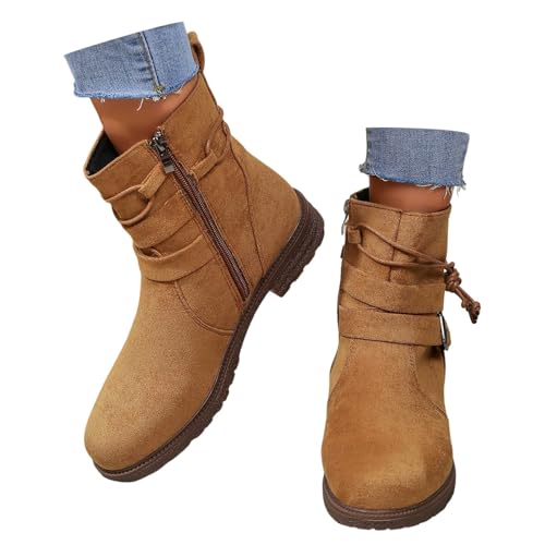 2025 Damen-Stiefeletten für Herbst und Winter, Ledergesicht, einfarbig, seitlicher Reißverschluss, warm, lässig, Temperament, Schnalle, Stiefel, Jambs, khaki, 39.5 EU 2025 Damen-Stiefeletten für Herbst und Winter, Ledergesicht, einfarbig, seitlicher Reißverschluss, warm, lässig, Temperament, Schnalle, Stiefel, Jambs, khaki, 39.5 EU von Generisch