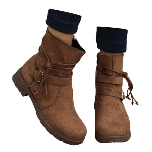 2025 Damen-Stiefeletten für Herbst und Winter, Ledergesicht, einfarbig, seitlicher Reißverschluss, warm, lässig, Temperament-Schnalle, Stiefel, coffee, 38.5 EU von Generisch