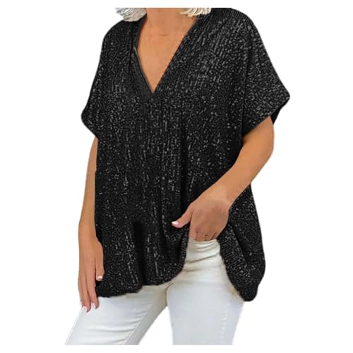 2025 Damen-T-Shirt mit V-Ausschnitt und Pailletten: Kurzärmliges, locker sitzendes, lässiges Oberteil im City-Stil Tops Damen Strass (Black, XXL) von Generisch