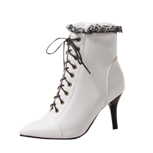 2025 Damen Wintermode Spitze Spitze Stiefeletten mit High Heels Spitze Skinny Heels Up Seite Reißverschluss Stiefeletten Köstlich, weiß, 38 EU von Generisch