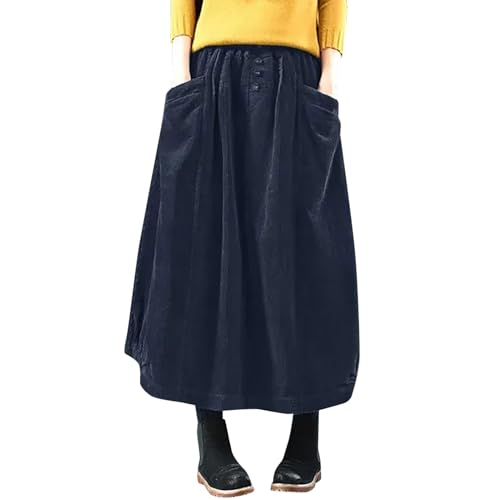 2025 Damenrock Winter Cordrock Frauen Midi Lange Röcke Weibliche elastische Taille A-Linie Faltenrock Fischschuppen (Blue M) von Generisch