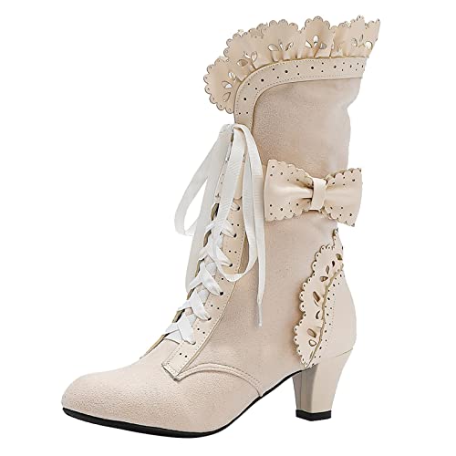 2025 Damenschuhe, Übergröße, Spitze, Schleife, hoher dicker Absatz, Schnürung, Übergröße, kurze Stiefel, Socken, keine Show, beige, 38.5 EU 2025 Damenschuhe, Übergröße, Spitze, Schleife, hoher dicker Absatz, Schnürung, Übergröße, kurze Stiefel, Socken, keine Show, beige, 38.5 EU von Generisch