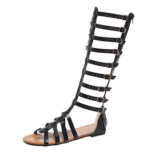 2025 Damenschuhe, modisch, Retro-Stiefel, legere Knie-Sandalen, Riemen, für Kinder unter 10 Jahren, Schwarz , 40 EU von Generisch