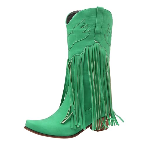 2025 Damenstiefel, mittelhoch, Westernstiefel, modische Reitstiefel mit Fransendetail, bequem, klobiger Absatz, lässiges Kleid für Damen, Camp, grün, 41 EU von Generisch